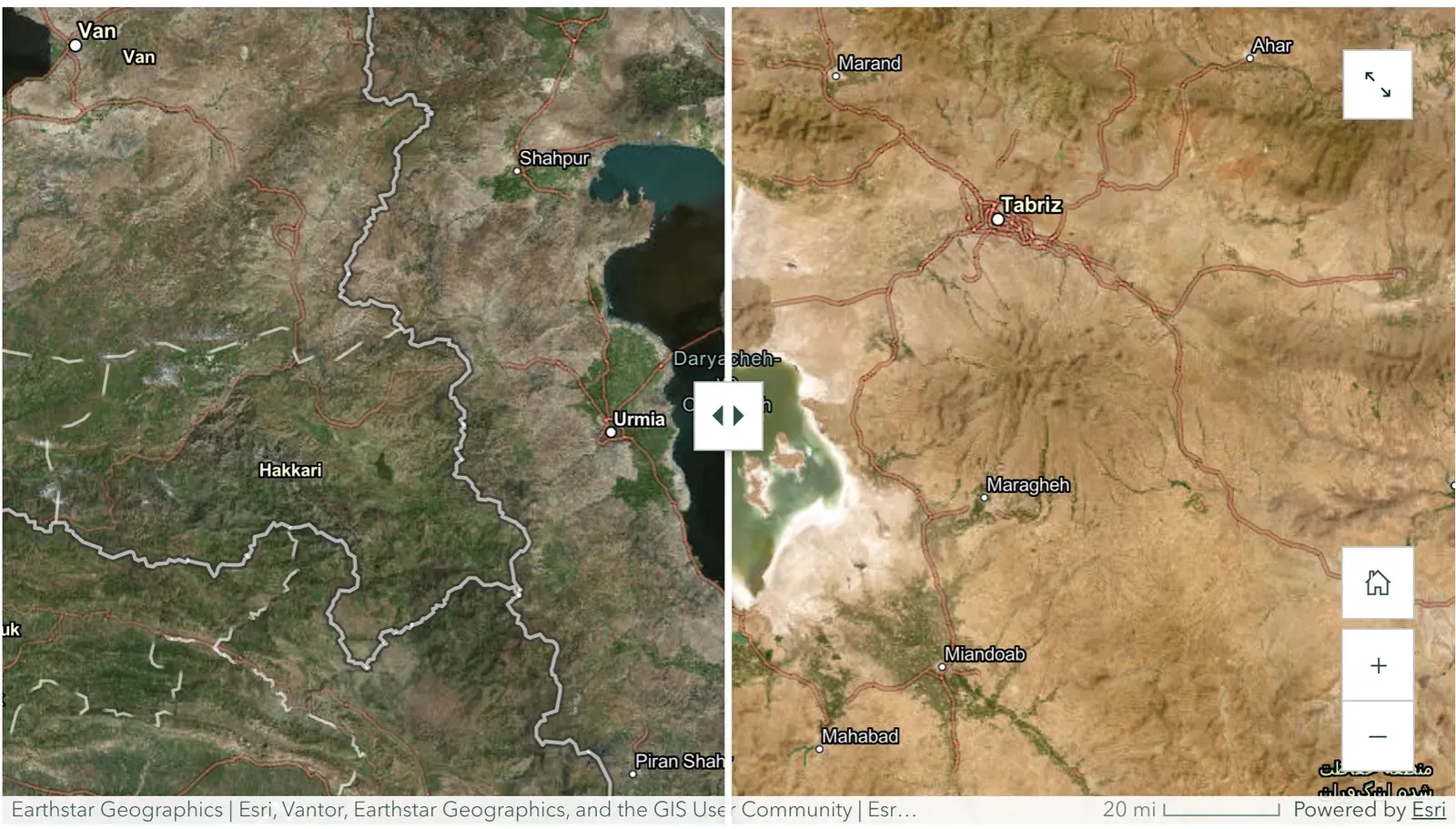 Split satellite comparison of Lake Urmia in northwest Iran, with a fuller dark blue-green lake on the left panel and a shrunken, pale, partly dried lakebed on the right.