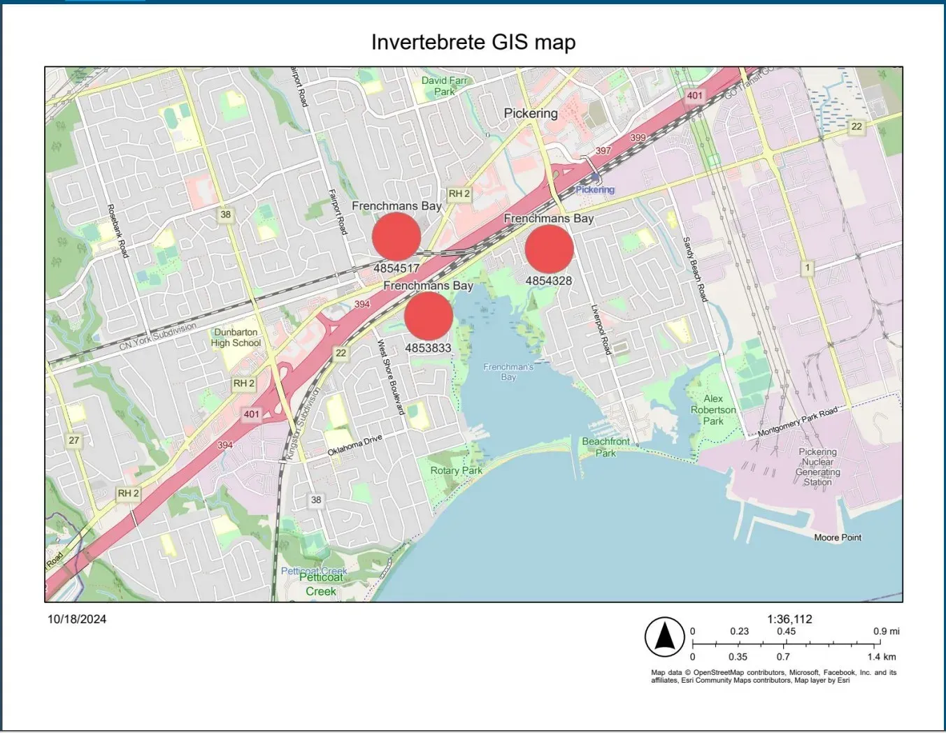 GIS map of the Frenchman's Bay watershed in Pickering with three georeferenced TRCA macroinvertebrate sampling stations marked above the lagoon.