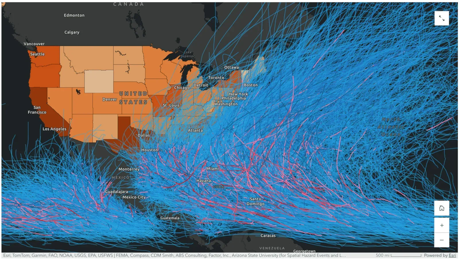 ArcGIS web map of North America and the Atlantic with hundreds of overlapping blue and pink hurricane tracks fanning from the tropics toward the U.S. East Coast over a state choropleth.
