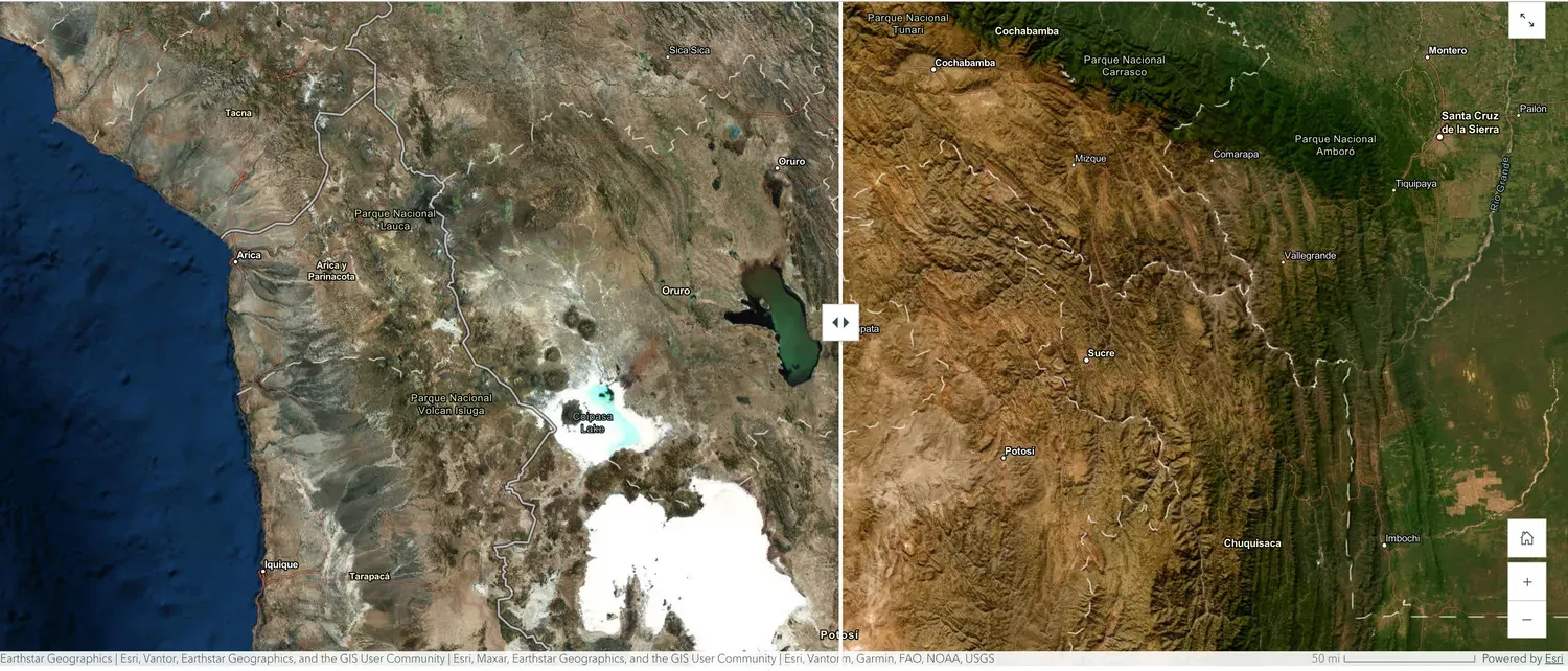 Satellite view of the Bolivian Altiplano showing Lake Poopó as a visible dark water body near Oruro, with white salt pans nearby.