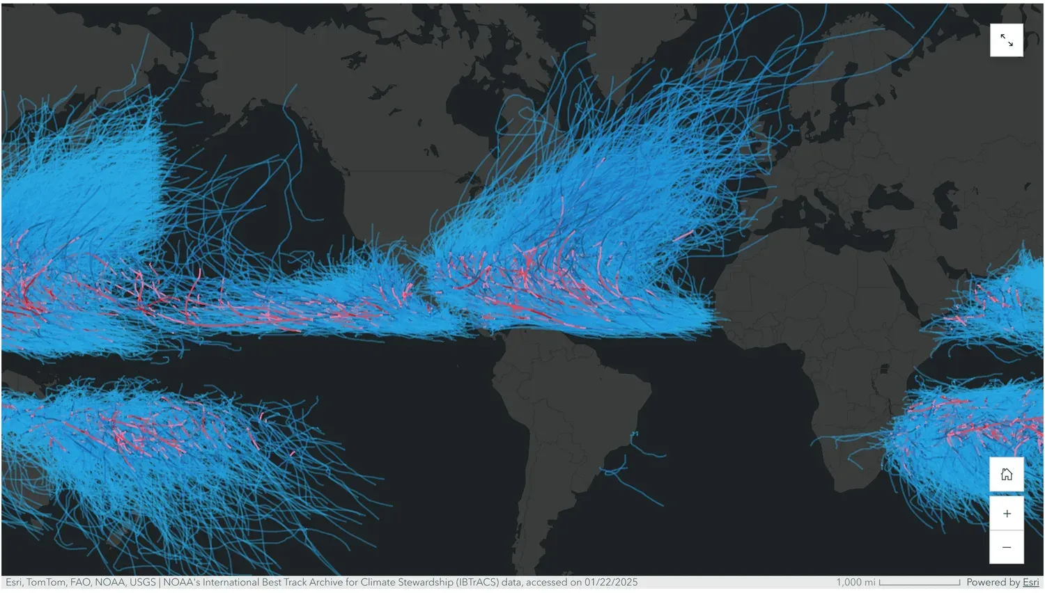 Global map with hurricane tracks in blue and pink concentrated in bands north and south of the equator across the Atlantic, Pacific, and Indian Oceans, over a dark sea-surface-temperature basemap.