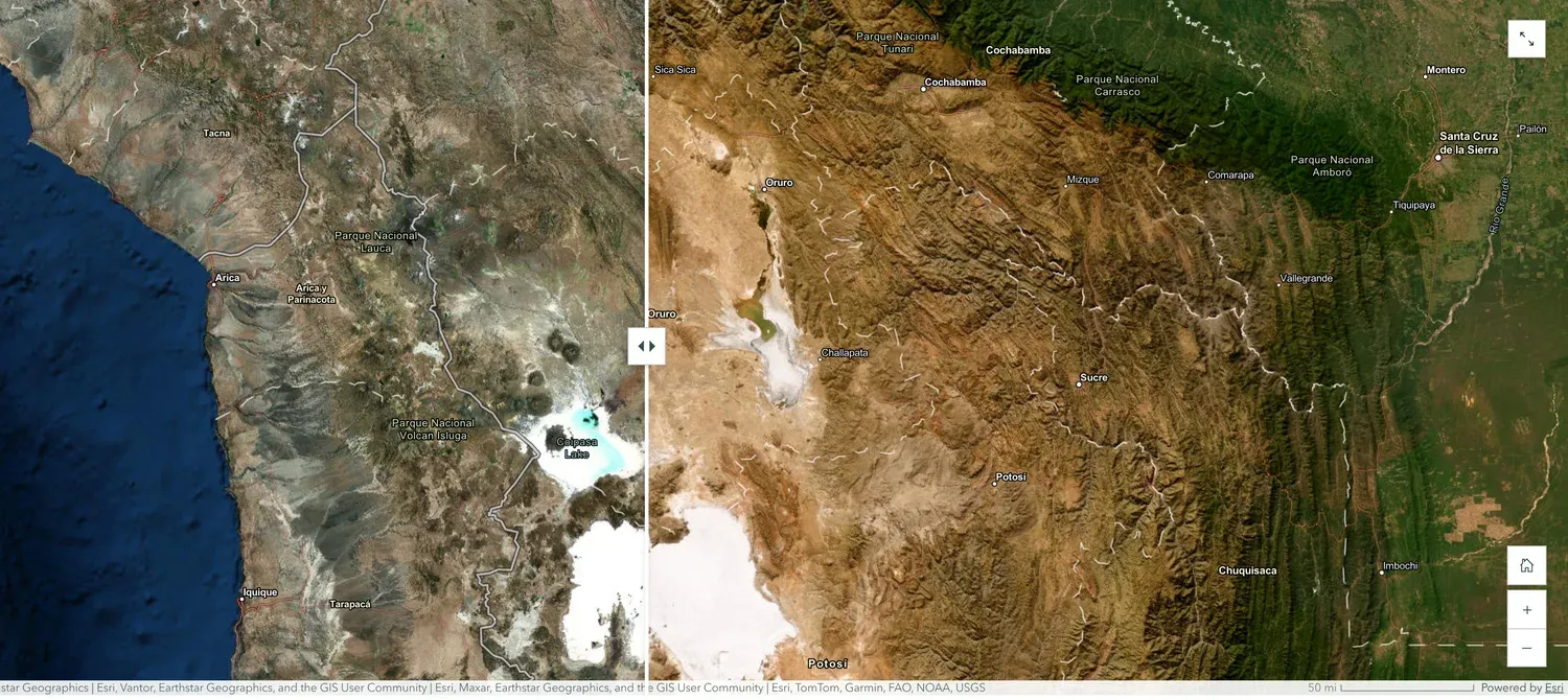 Satellite view of the same Bolivian Altiplano region showing the Lake Poopó basin reduced to pale, mostly dry salt flats with little remaining open water.