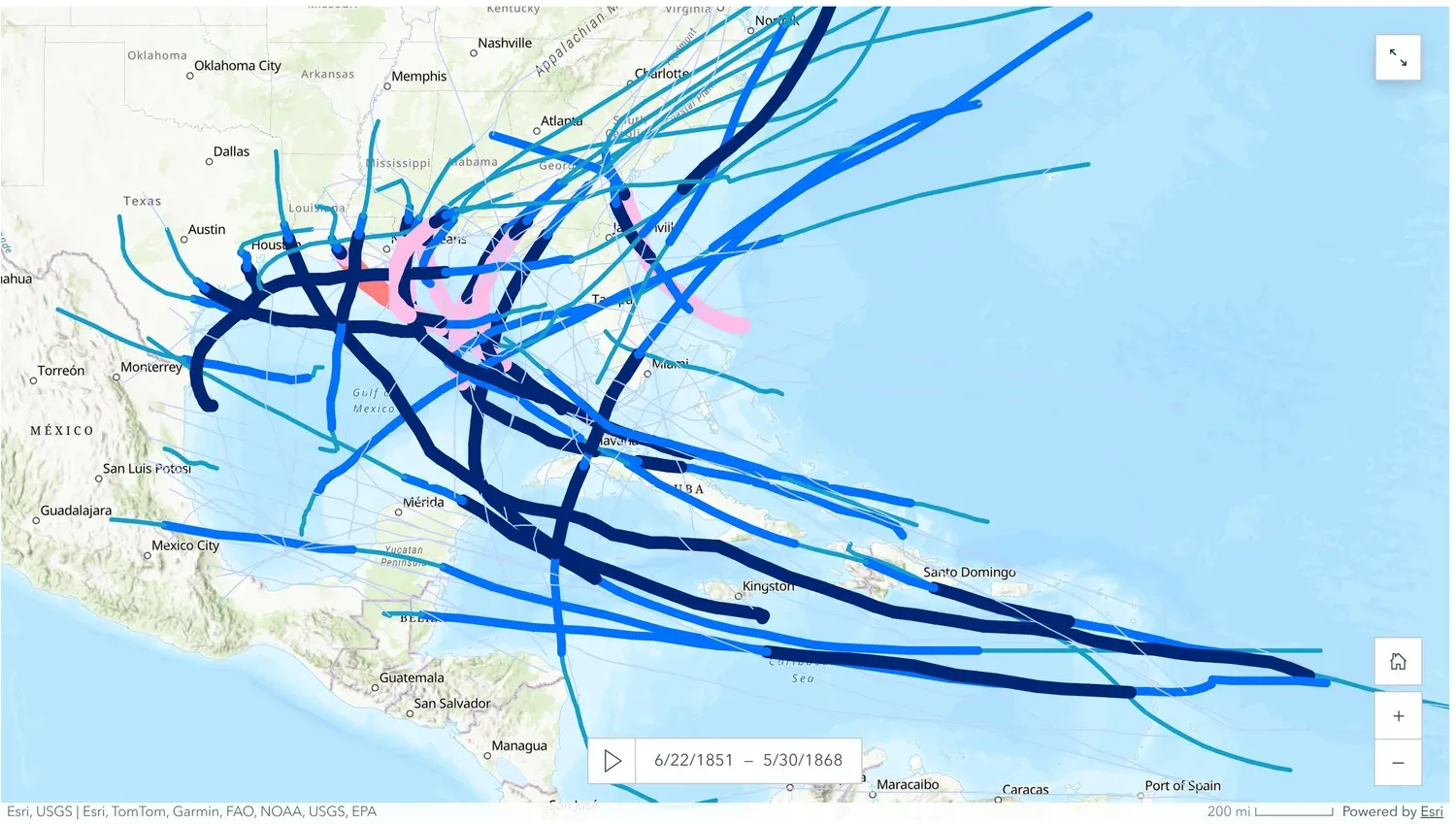 Map of the Gulf of Mexico and western Atlantic showing 1851 to 1868 hurricane tracks mostly in dark blue with only a few light pink high-intensity segments.