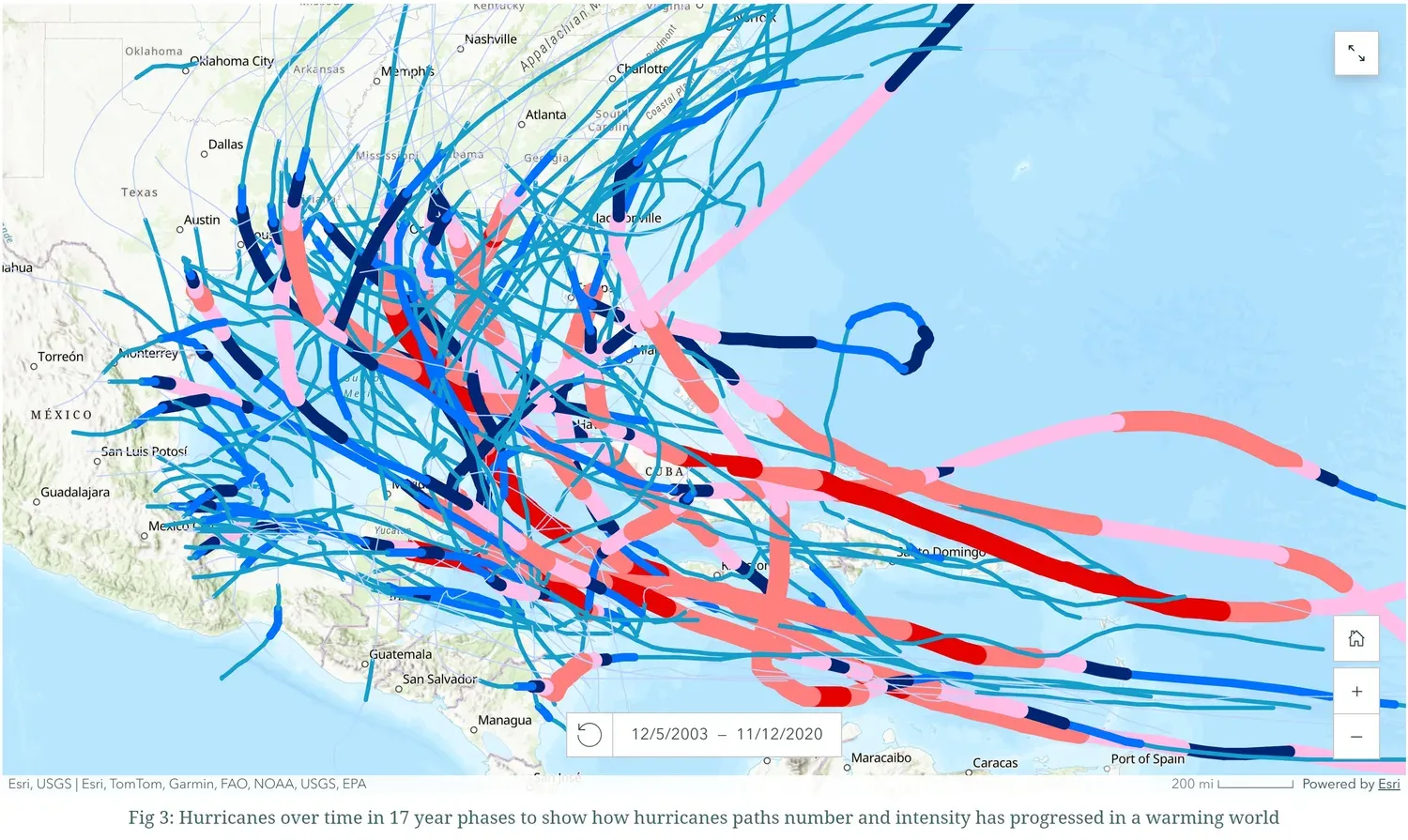 Map of the same Gulf and western Atlantic region showing 2003 to 2020 hurricane tracks with many thick red and pink high-intensity segments mixed among the blue tracks.