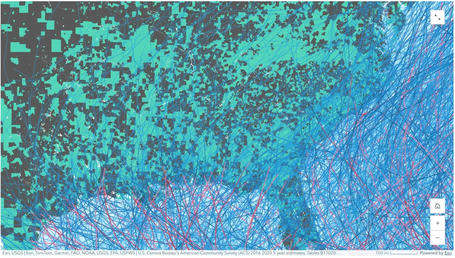 Map of the southeastern United States overlaying green Census low-income block groups with a dense web of blue and red hurricane tracks crossing the same coastal areas.