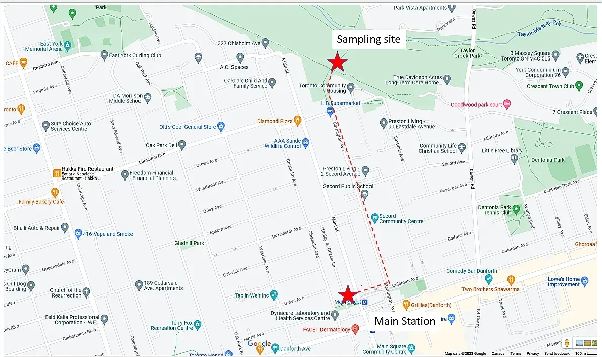 Map showing the route to a stream sampling site.